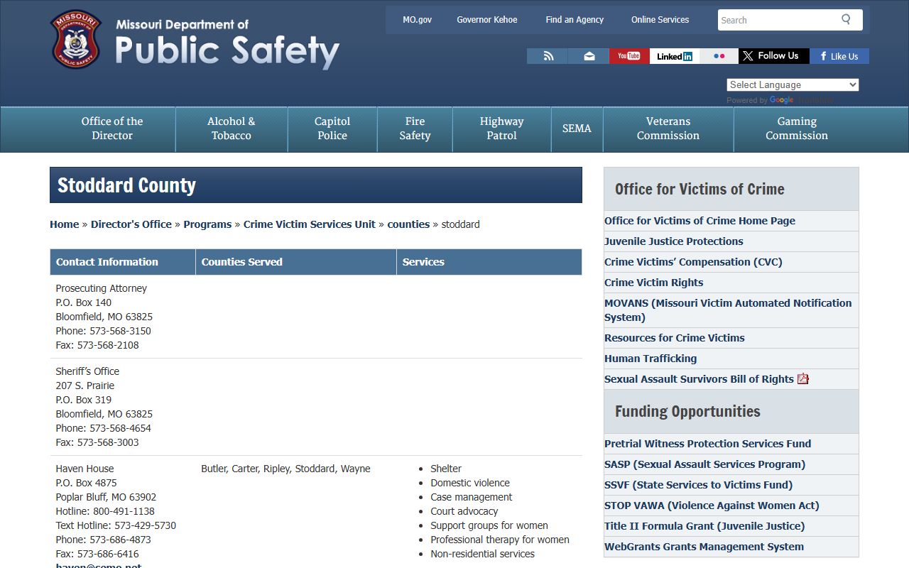 Stoddard County criminal court records victim services and prosecutor contacts