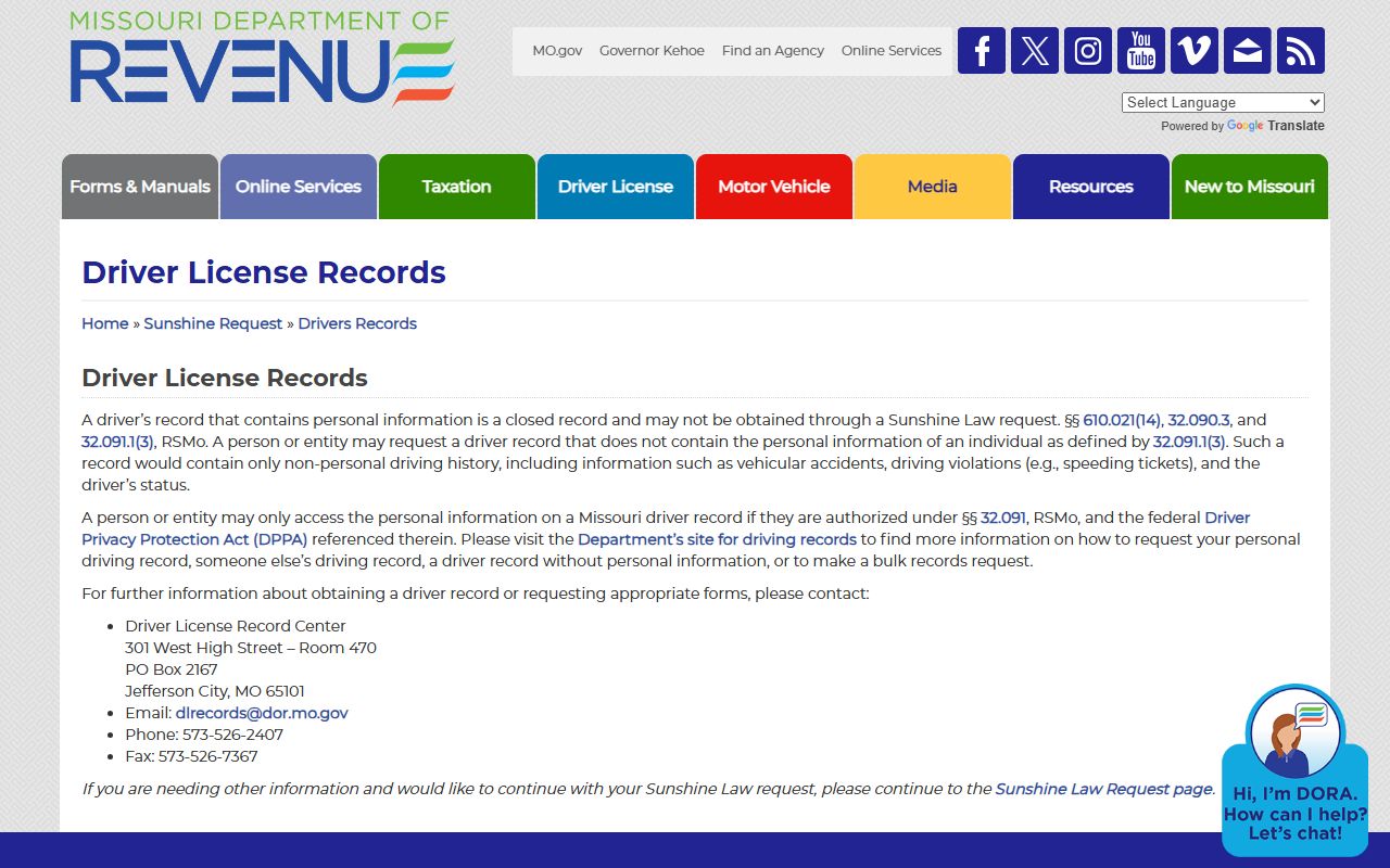 Stoddard County traffic court records Missouri DOR Driver License Record Center source