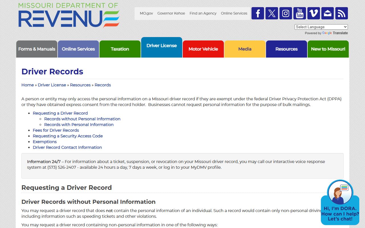 Stoddard County traffic court records Missouri DOR driver records source